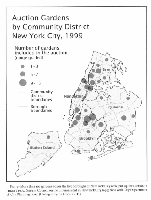 Map from "Community Gardens and Politics of Scale in New York City" by Christopher M. Smith and Hilda E. Kurtz, published in the Geographical Review in April 2003. Original caption reads: Fig. 3 More than 100 gardens across the five boroughs of New York City were put up for auction in January 1999. Sources: Council on the Environment in New York City 1999; New York City Department of City Planning 2003. (Cartography by Hilda Kurtz)