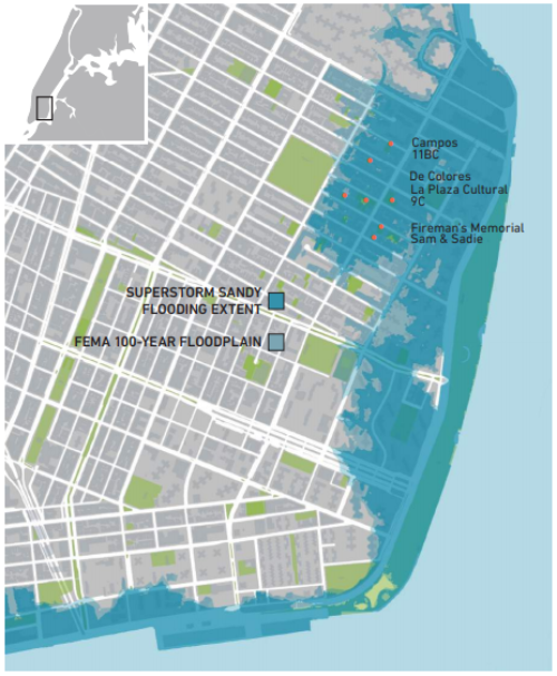 A map from the Gardens Rising report showing Hurricane Sandy's flooding and the 100-year floodplain in relation to Manhattan's Lower East Side and its community gardens and open spaces. Original caption: "Seven gardens in the study area were inundated during Superstorm Sandy. The extent of the flooding was very close to FEMA's 100-year floodplain, mapped here to show the potential future impacts of a similar storm system on the Lower East Side." Retrieved from: http://gardensrising.org/wp-content/uploads/2016/12/161205_Report100F.pdf